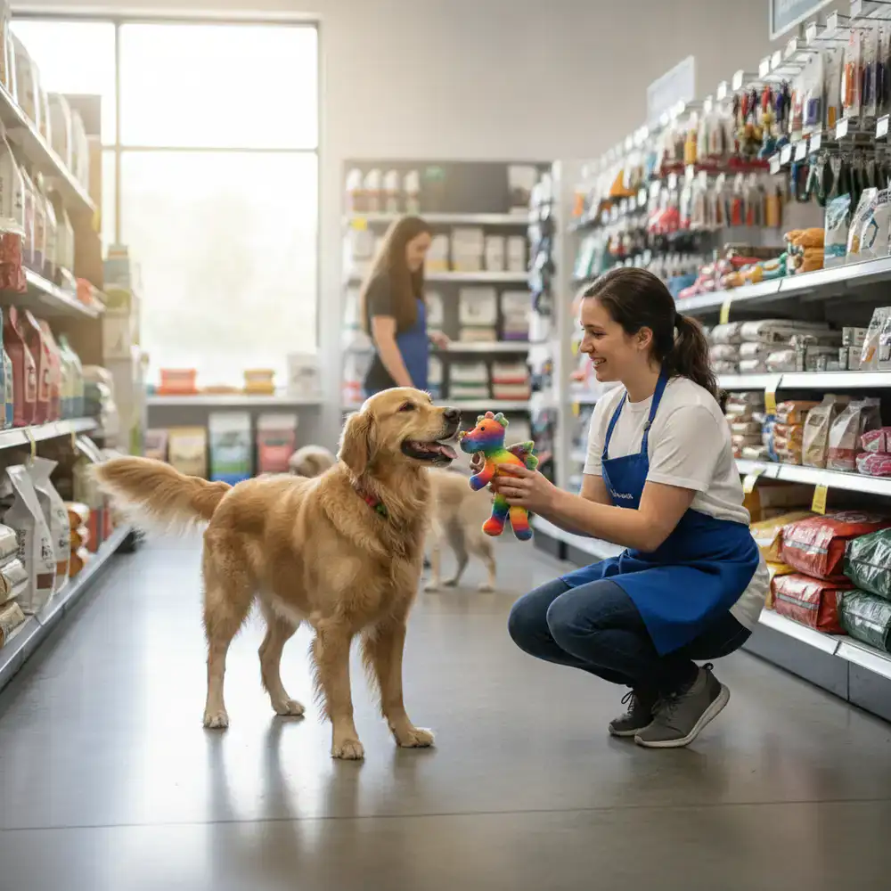 A friendly staff member at Vexmolar Pet Supply handing a colorful toy to a happy dog