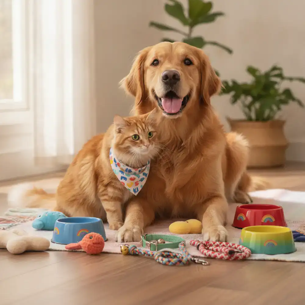 A joyful dog and cat sitting together next to colorful pet accessories