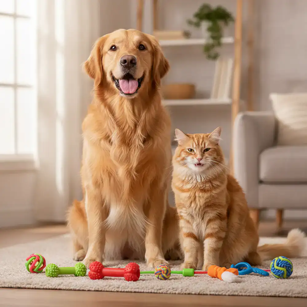 A happy dog and cat sitting together next to new toys