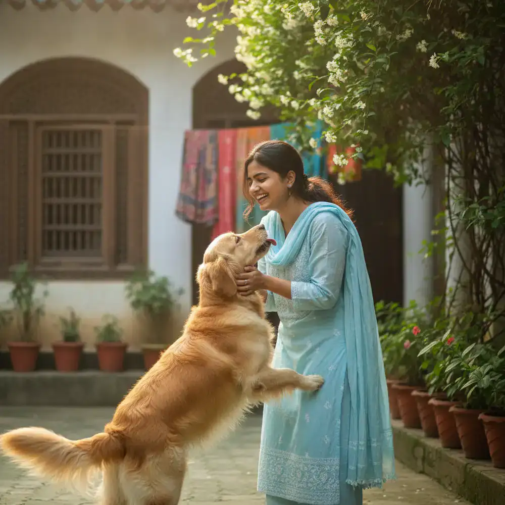 A happy pet owner in Dhaka interacting with their dog
