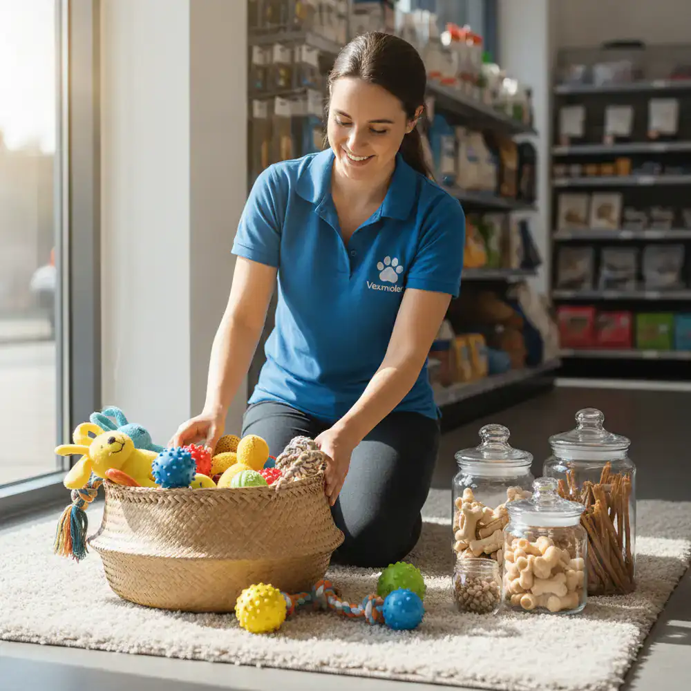 A Vexmolar team member happily arranging colorful dog toys and treats