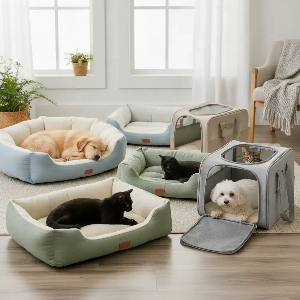 Comfortable pet beds and travel carriers