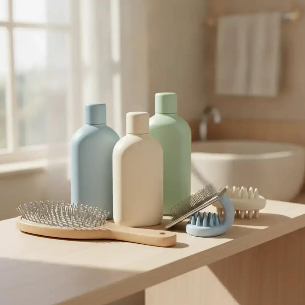 Pet shampoo bottles and grooming brushes