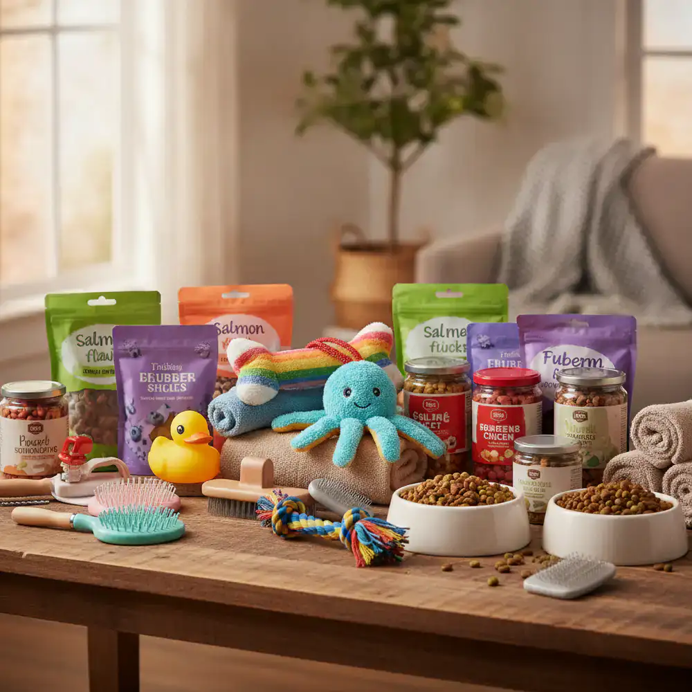 Colorful assortment of pet toys, treats, and grooming brushes