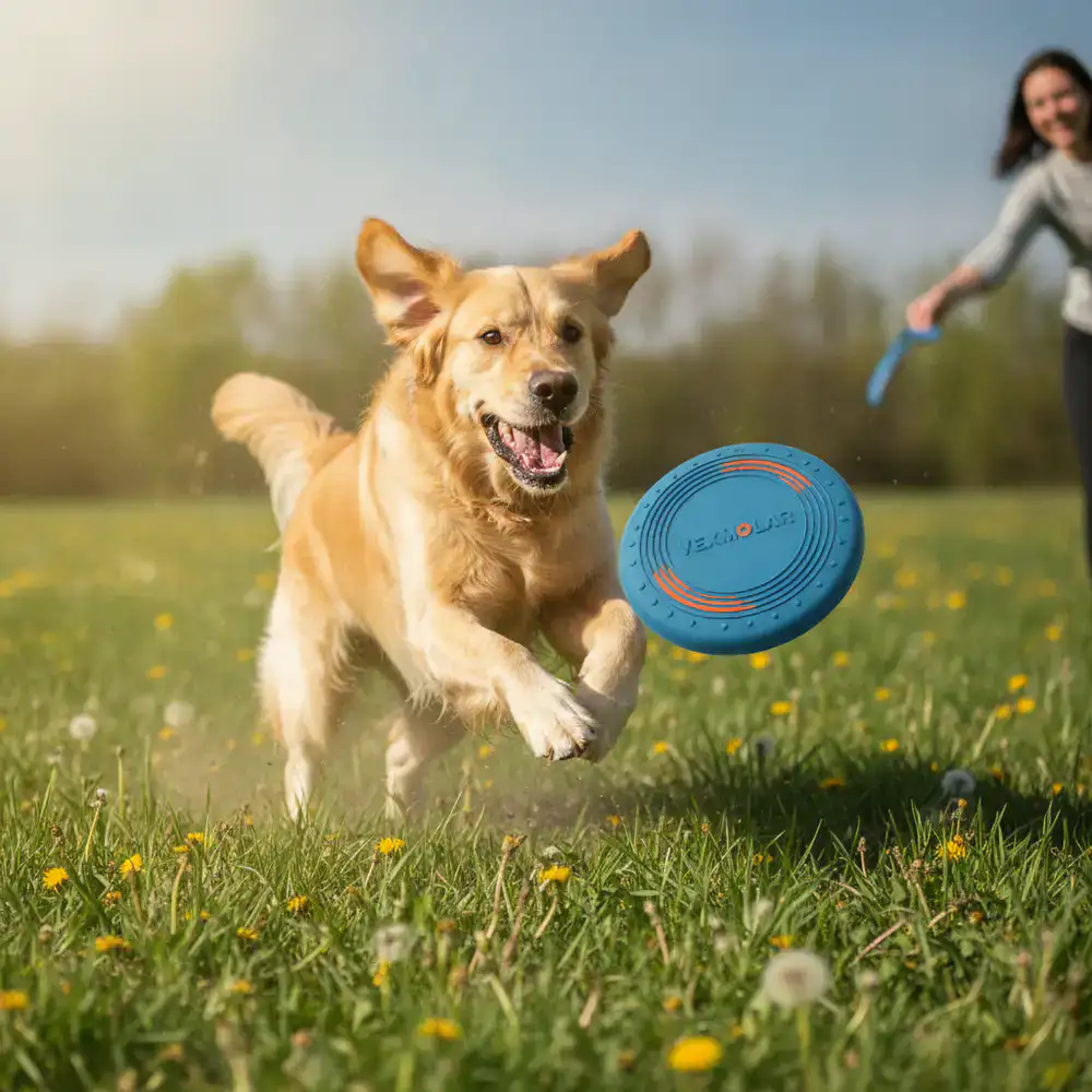 A dog actively playing with a Vexmolar toy