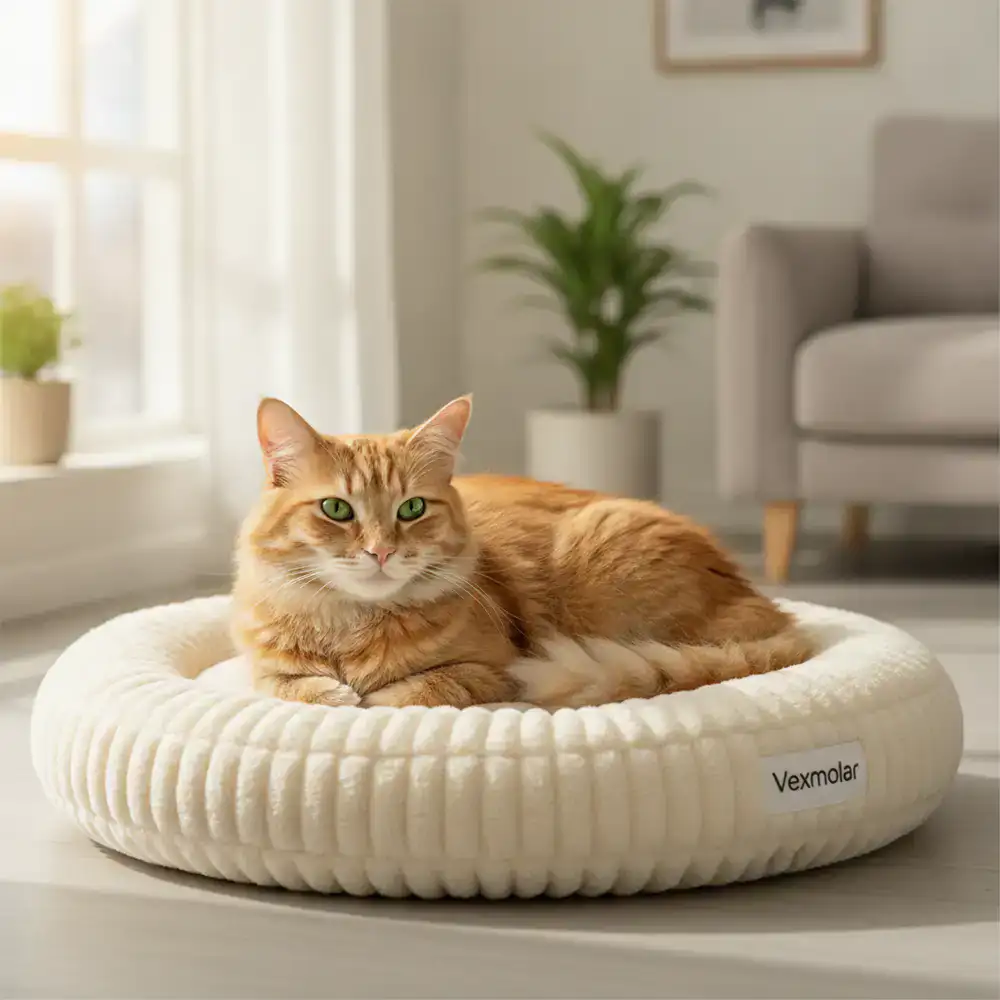 A relaxed cat resting on a Vexmolar bed